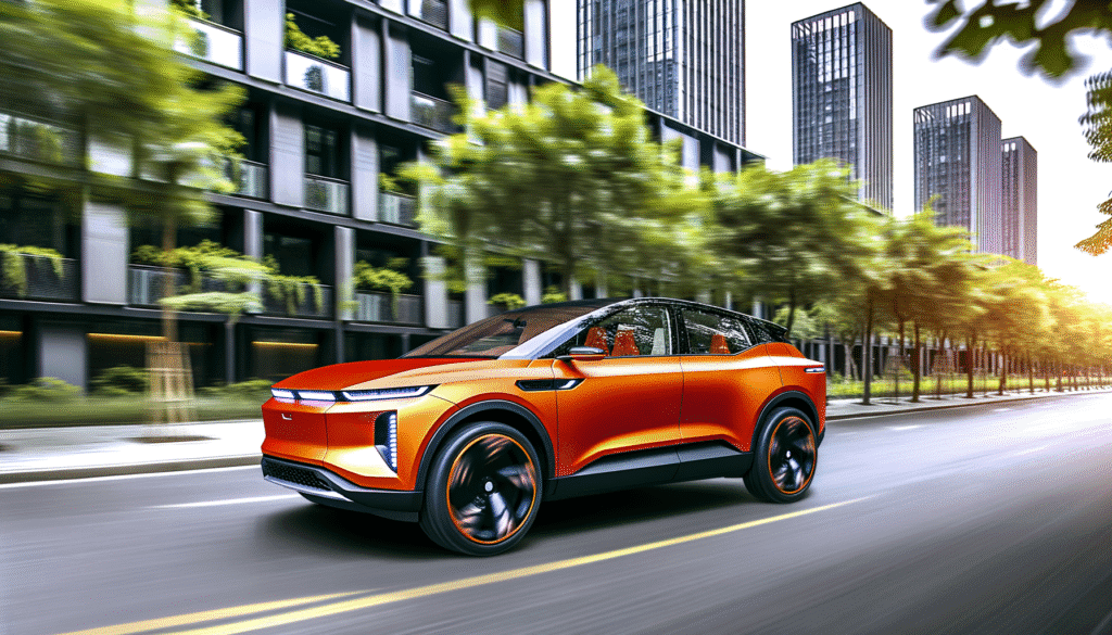 Moderne elektrisk bil i orange kører gennem byens gader omgivet af grønne træer og høje bygninger