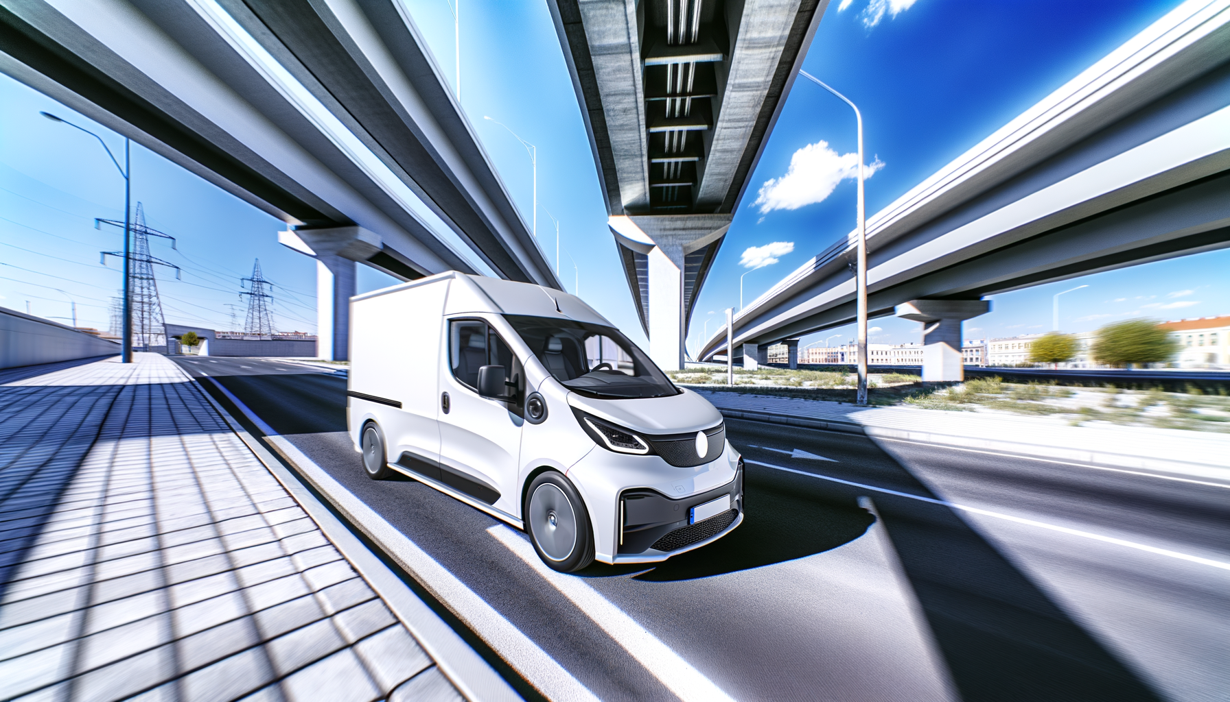 Elektrisk varevogn kører under motorvejsbro i solskin