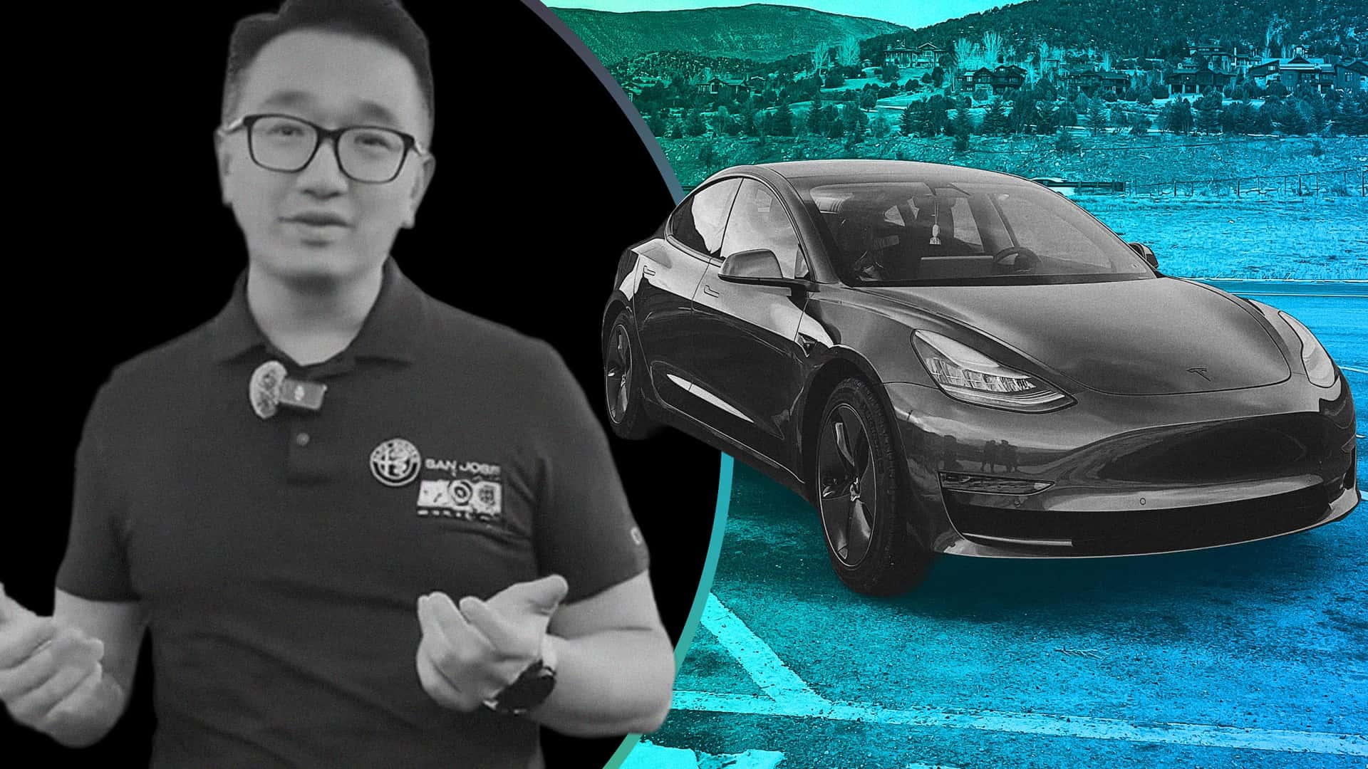 Mand står ved siden af en Tesla Model 3 med et landskab i baggrunden