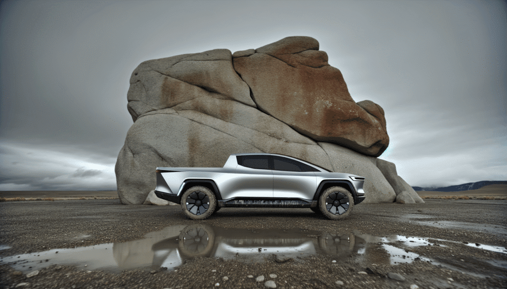 Futuristisk elektrisk pickup ved stor klippeformation under en overskyet himmel
