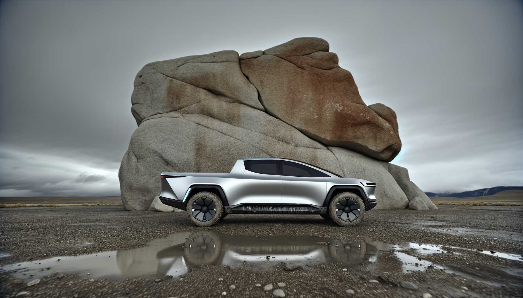 Futuristisk elektrisk pickup ved stor klippeformation under en overskyet himmel