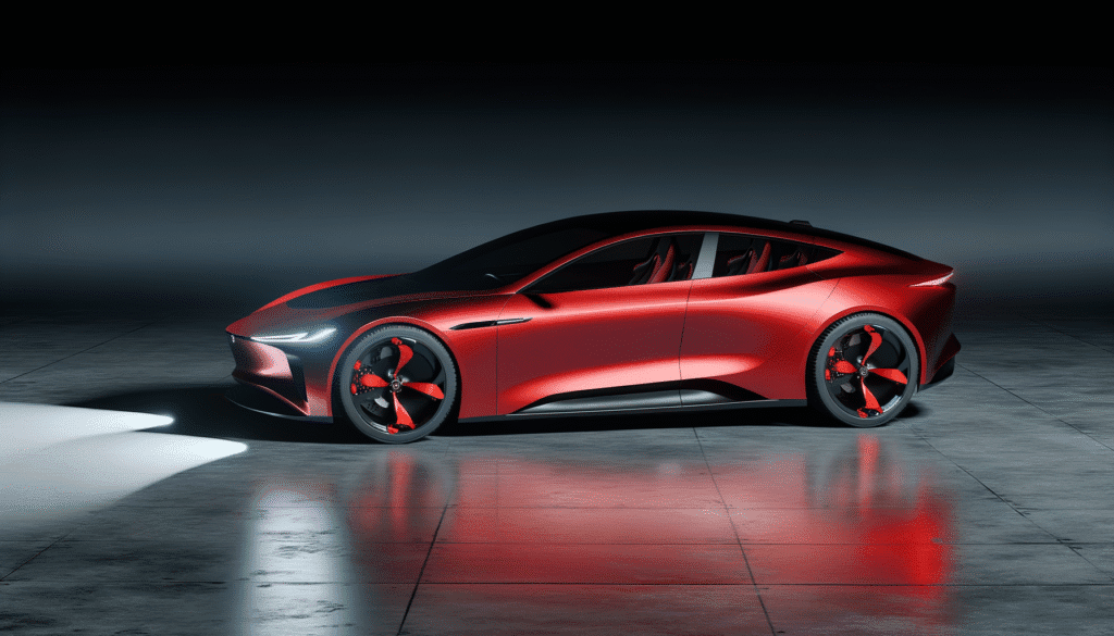 Sidebillede af en futuristisk rød elektrisk bil med skarpt design og aerodynamiske linjer på en mørk baggrund