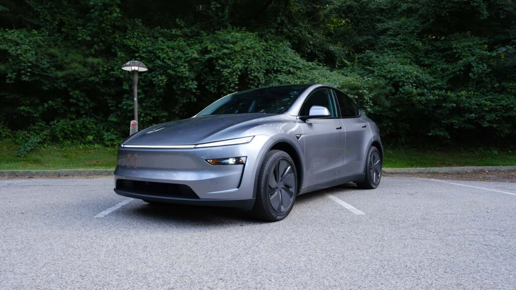 Grå Tesla elbil parkeret i naturen med frodig grøn baggrund