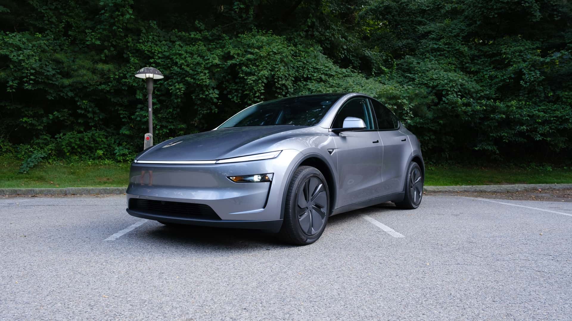 Grå Tesla elbil parkeret i naturen med frodig grøn baggrund