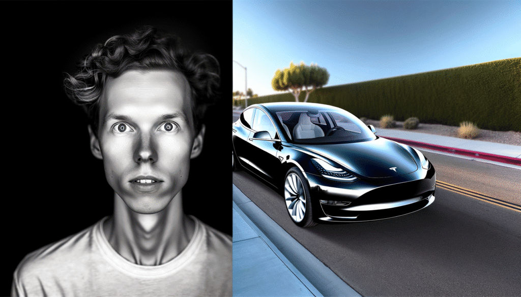 Sort Tesla Model 3 parkeret på en solrig vej, ved siden af et portræt af en mand med krøllet hår