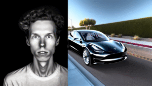 Sort Tesla Model 3 parkeret på en solrig vej, ved siden af et portræt af en mand med krøllet hår