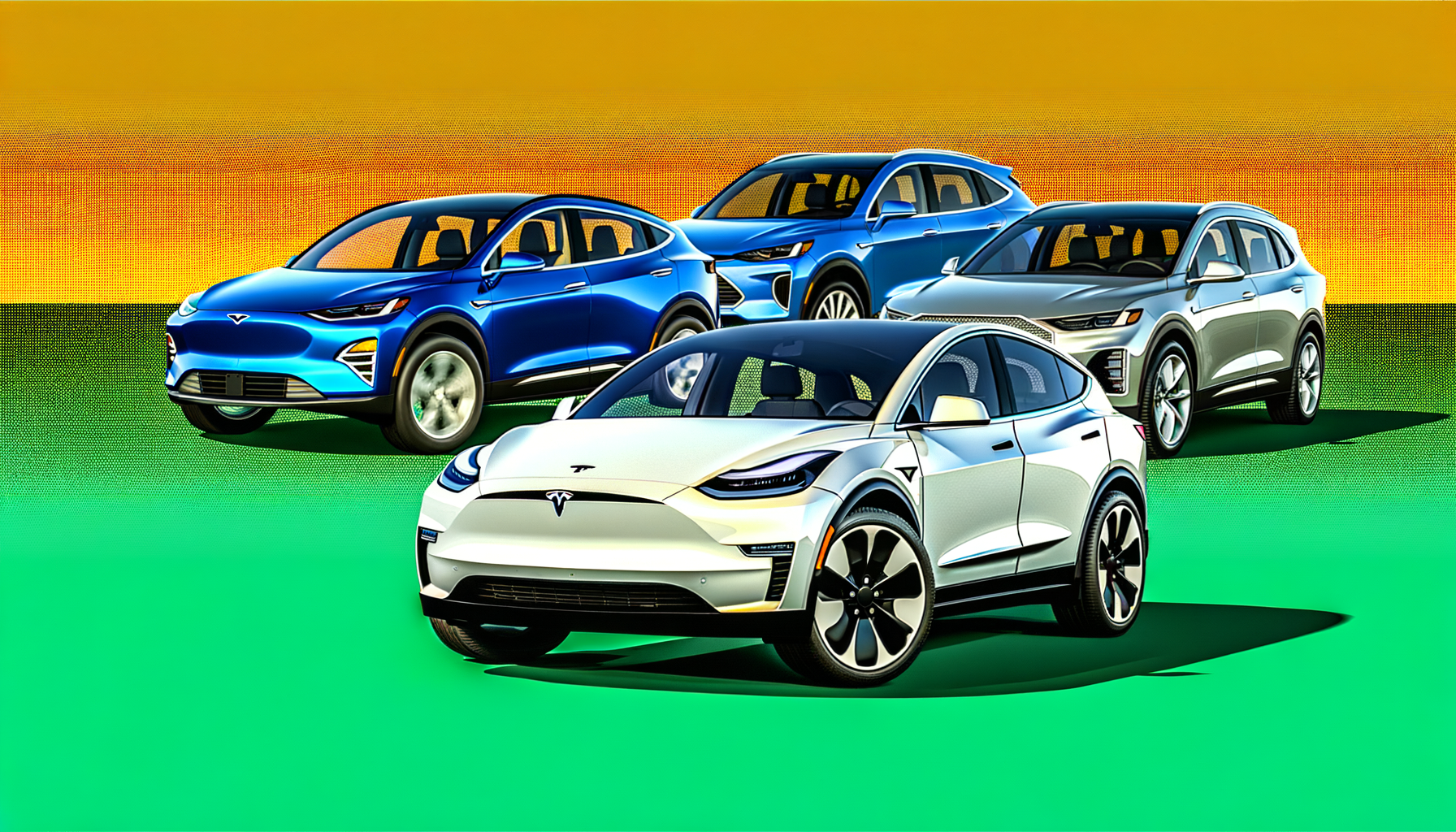 Fire Tesla-elbiler under en farverig solnedgang