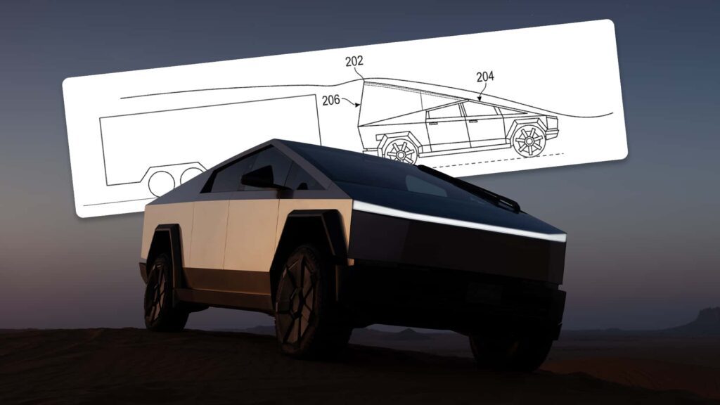 Tesla Cybertruck i solnedgangen med designskitse i baggrunden