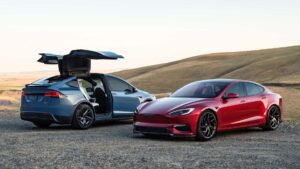 To Tesla-biler i naturlandskab, hvoraf den ene har mågevingedøre åbne
