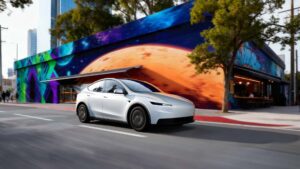 Hvid Tesla elbil kører foran en farverig vægmaleri med planetmotiv
