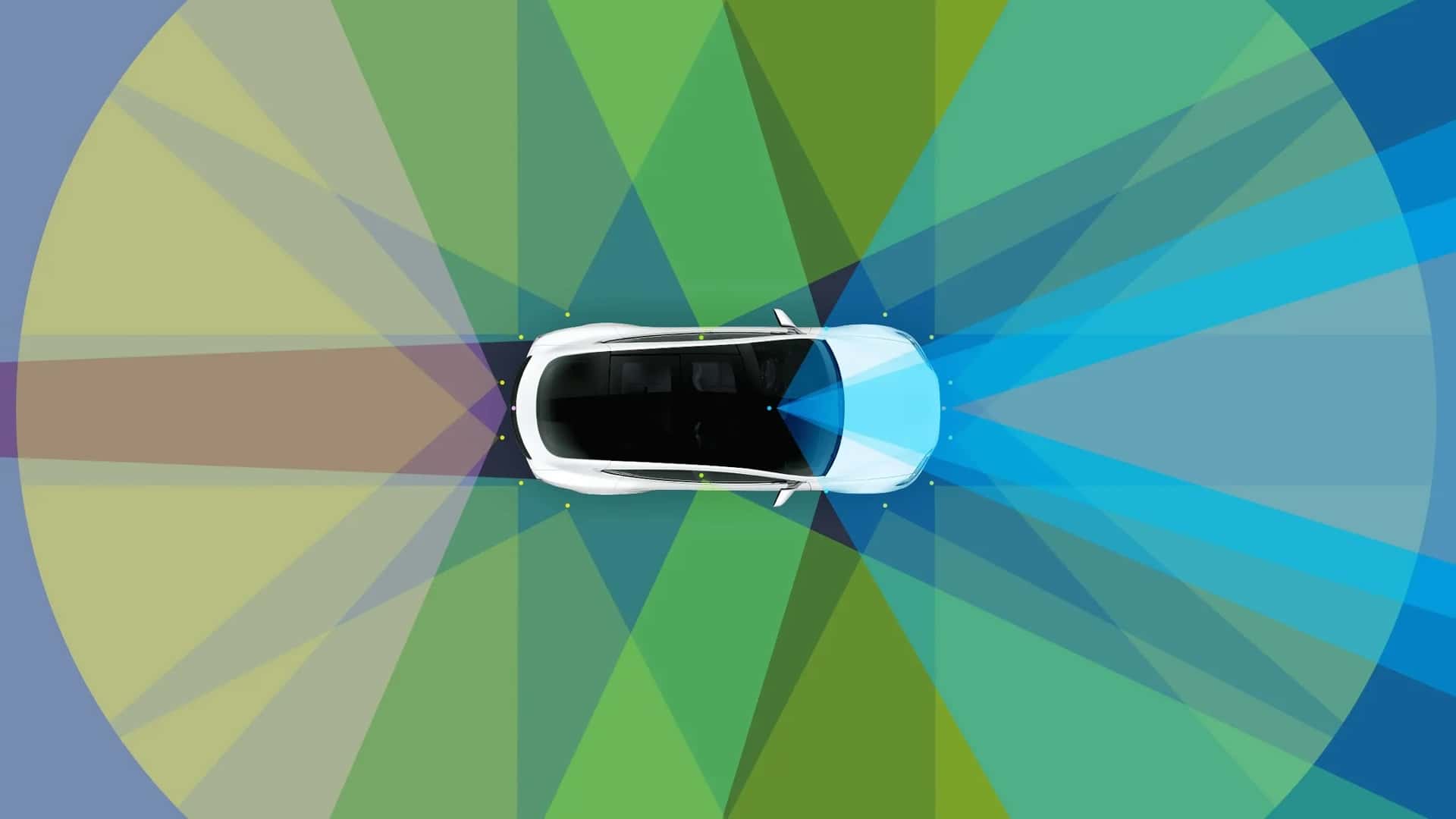 Illustration af Tesla Model 3's autonome sensorer, der dækker 360 grader omkring bilen