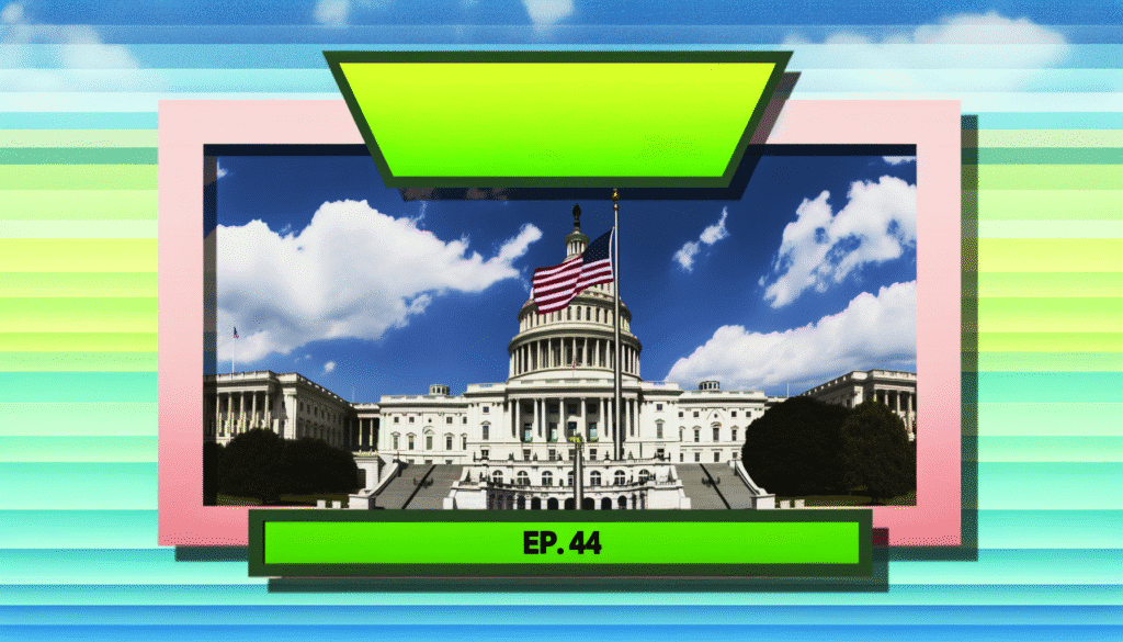 Grafisk billede af en bygning med amerikansk flag og teksten EP. 44