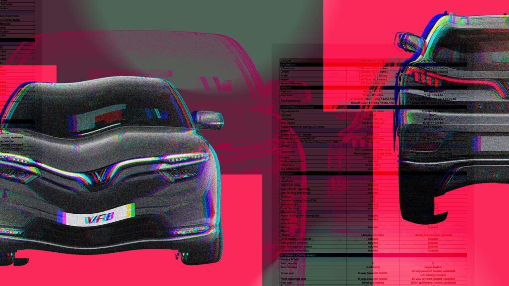 Elektrisk bil med stiliseret billedeffekt og specifikationsliste i baggrunden