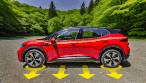 Rød elektrisk bil med piler, der fremhæver undervognen, i en skov.