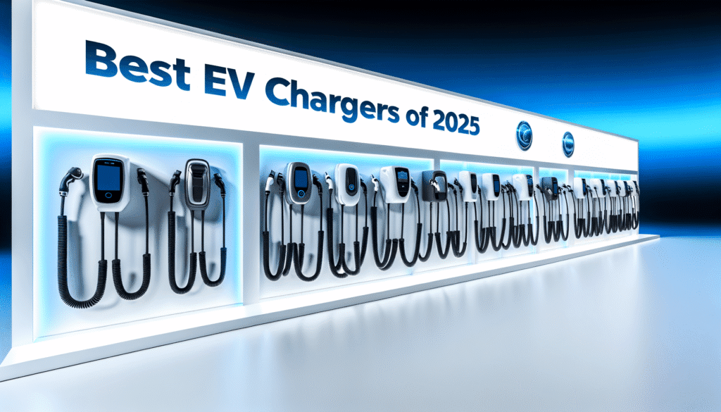 De bedste opladere til elbiler i 2025 præsenteret på en oplyst væg