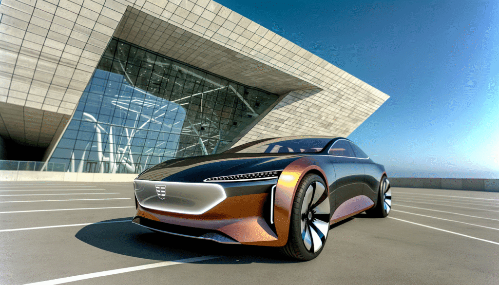 Futuristisk elbil foran moderne bygning med glasfacade