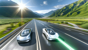 To futuristiske Tesla-biler kører på en motorvej i et naturskønt bjerglandskab under en klar blå himmel