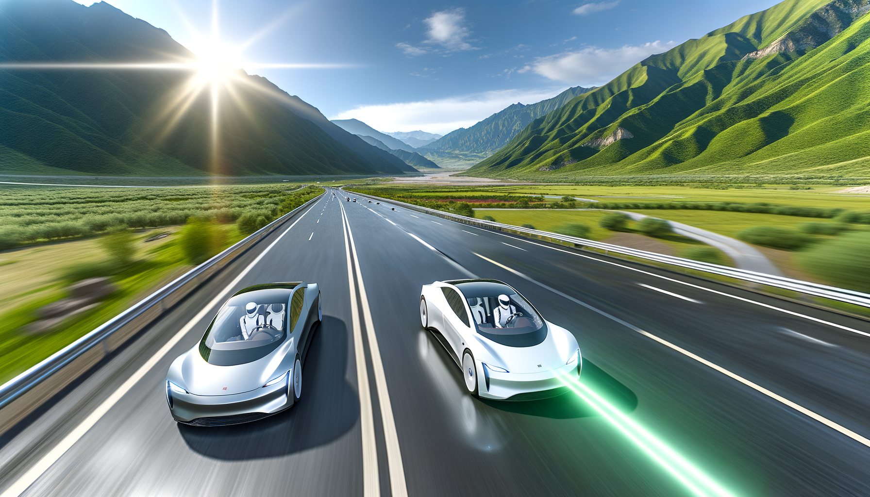 To futuristiske Tesla-biler kører på en motorvej i et naturskønt bjerglandskab under en klar blå himmel