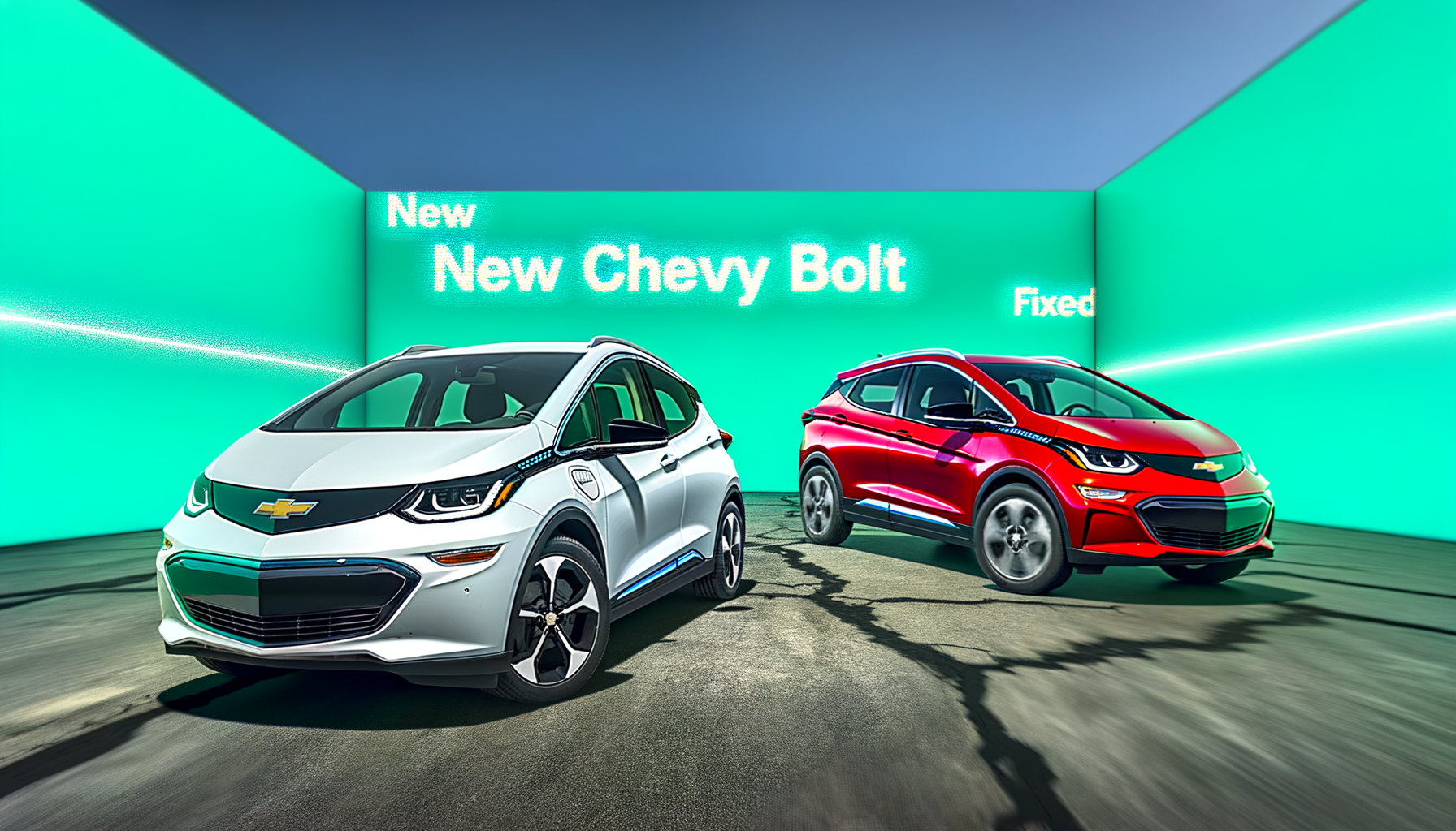 To nye Chevy Bolt elbiler i et futuristisk miljø med neon grøn belysning