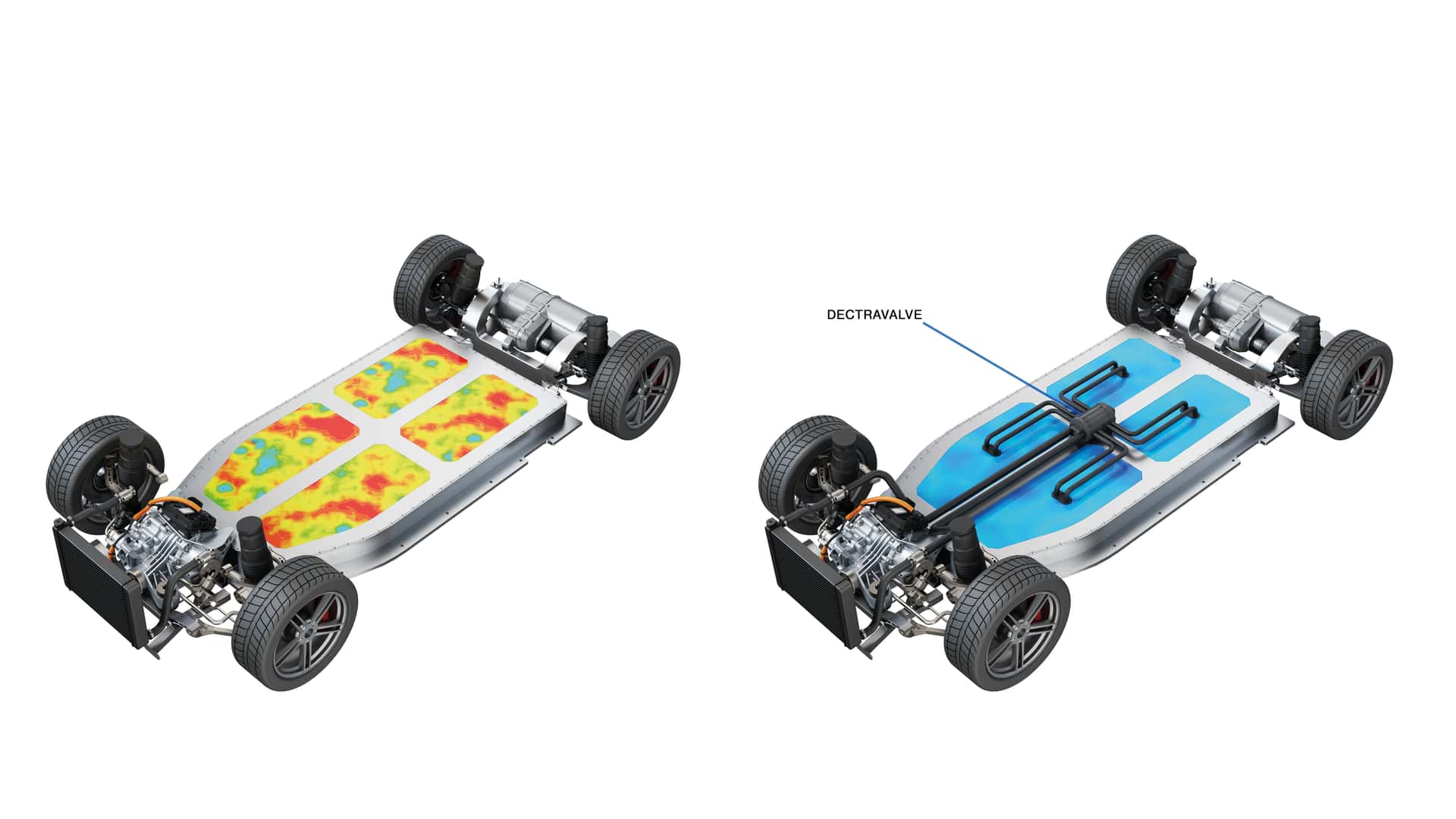 Tesla elektrisk bil chassis med varmekort og Dectra Valve teknologi