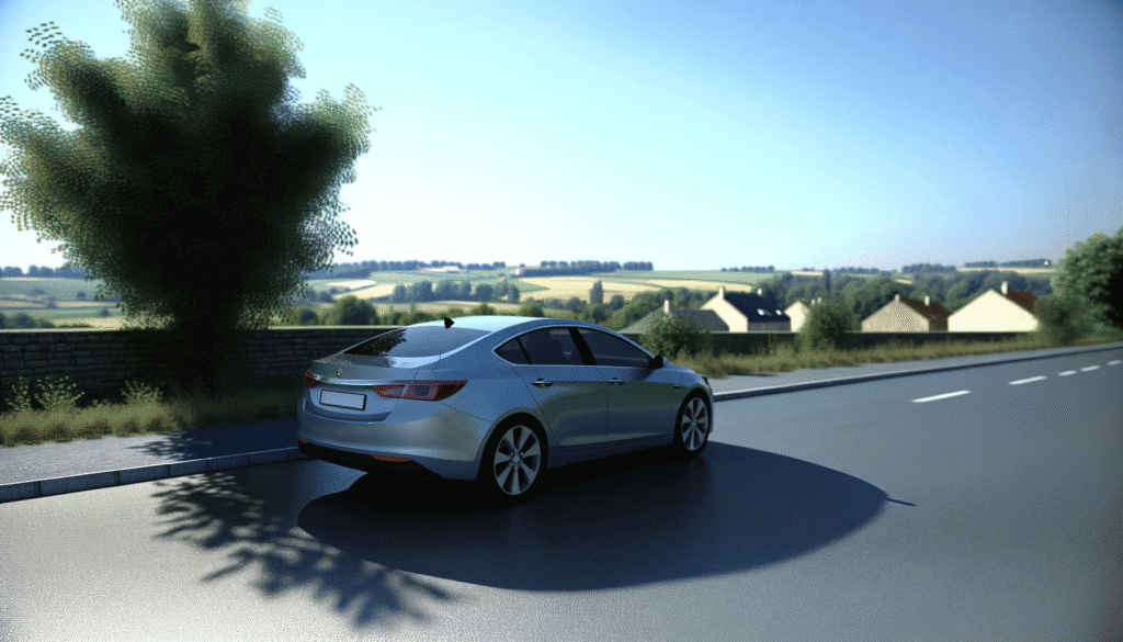 Elektrisk bil på en landevej med udsigt over landlige omgivelser.