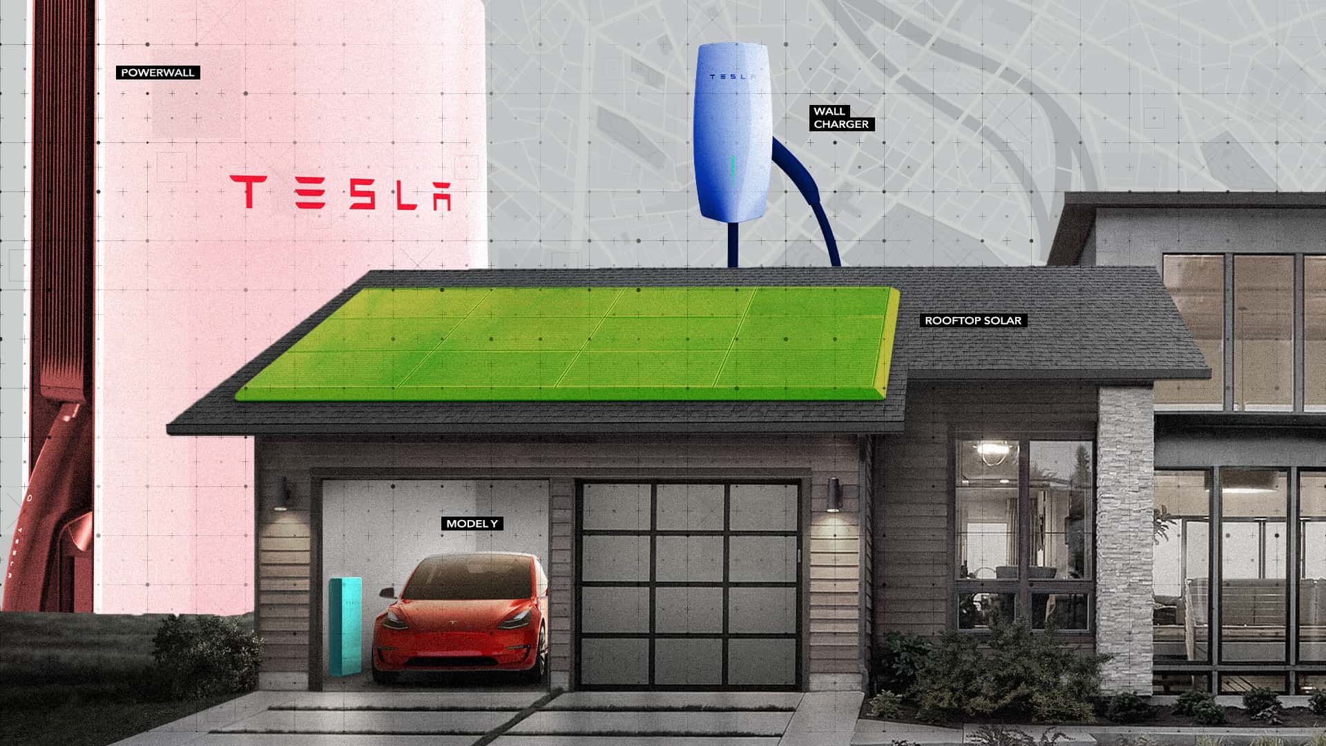 Tesla-hjem med solpaneler på taget, Tesla Wall Charger og Model Y i garagen.