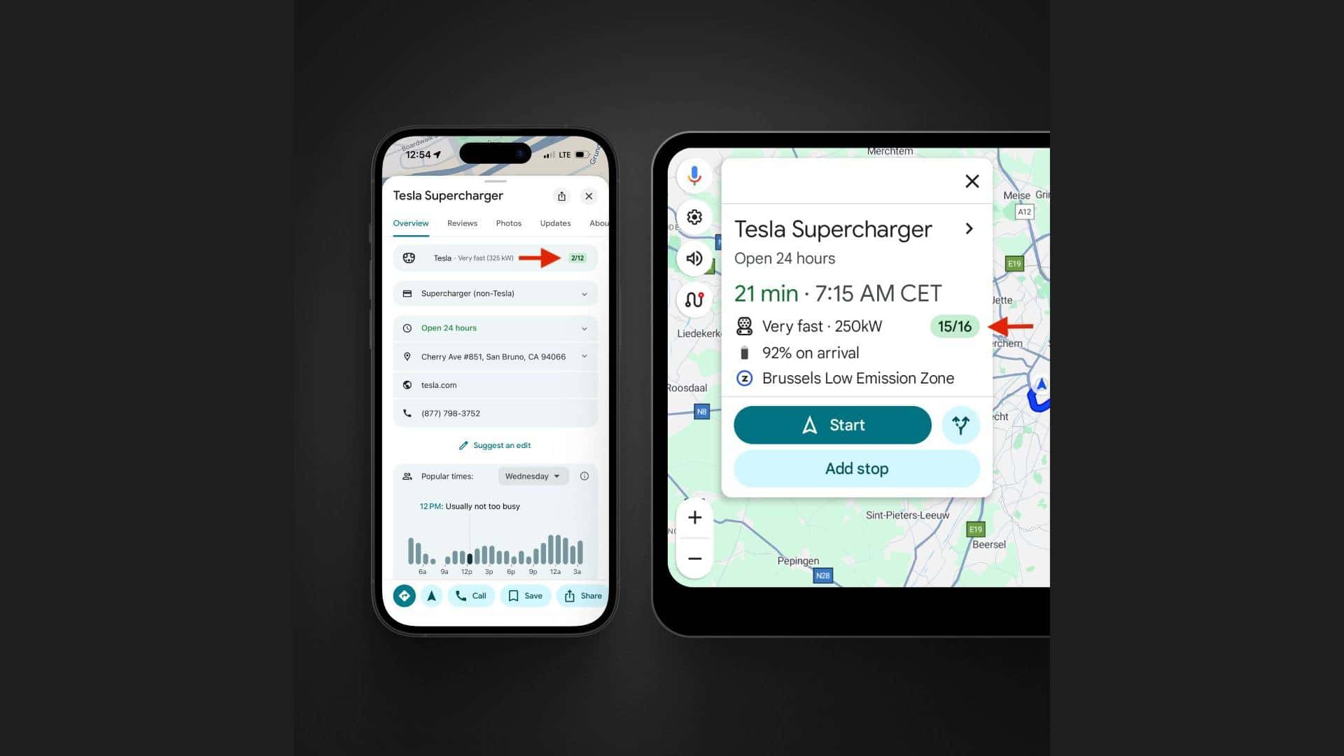 Tesla Supercharger oversigt og navigation på smartphone og tablet