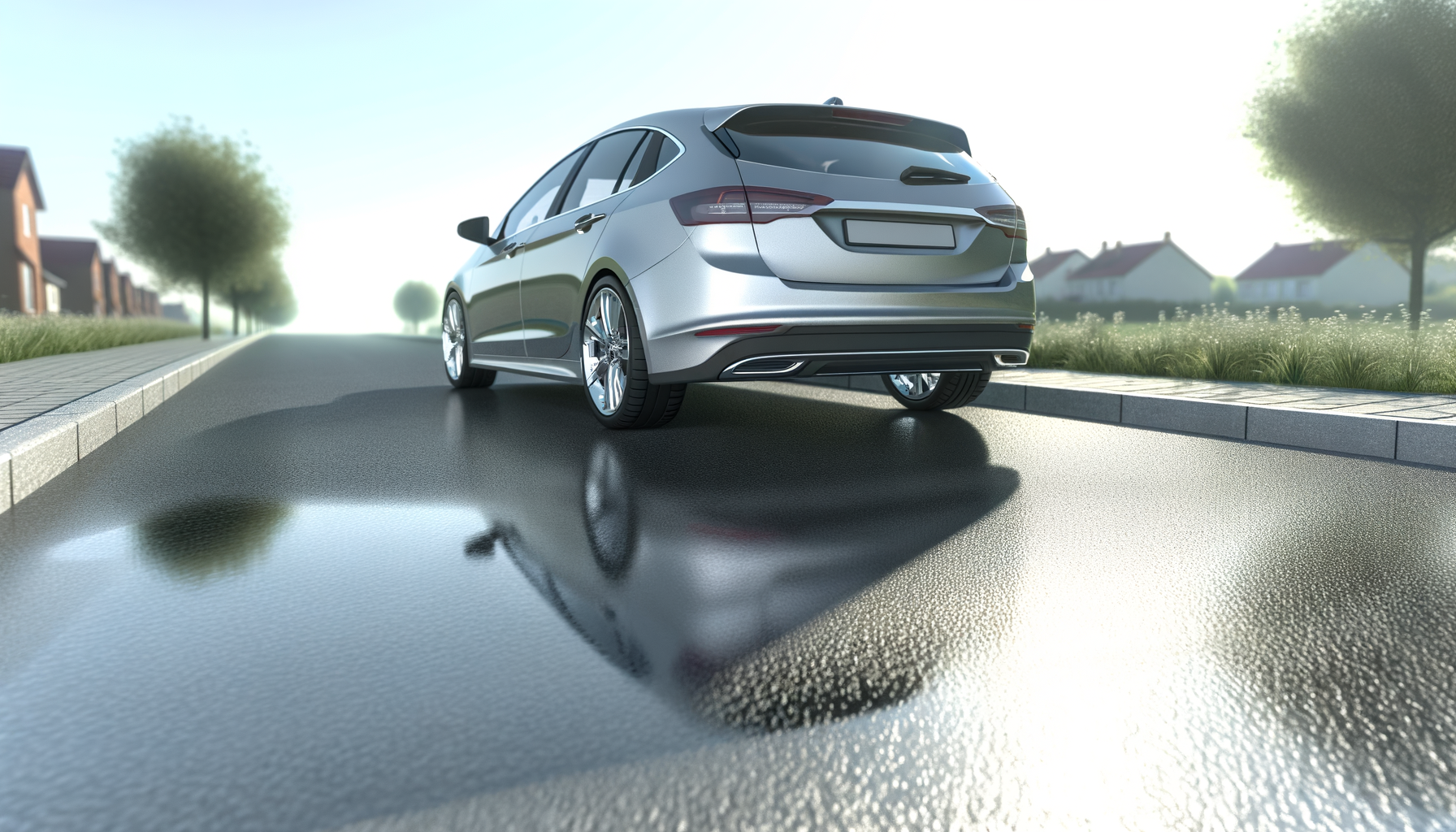 Elektrisk bil kører på en solbeskinnet vej efter regn.