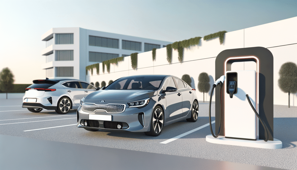 To elektriske biler ved en opladningsstation i en moderne parkeringsplads