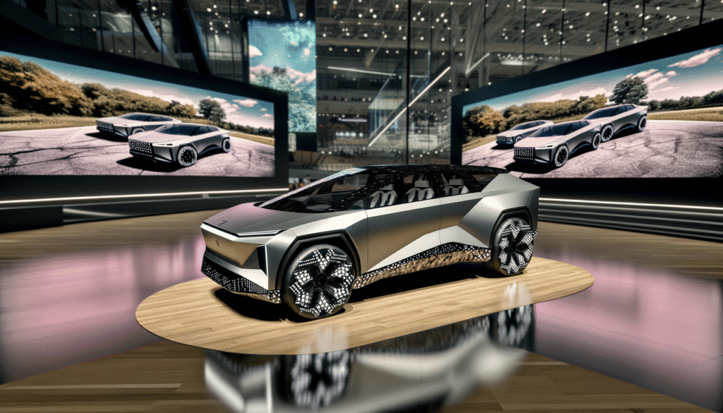 Futuristisk Tesla-konceptbil på en messe med store skærme og moderne design