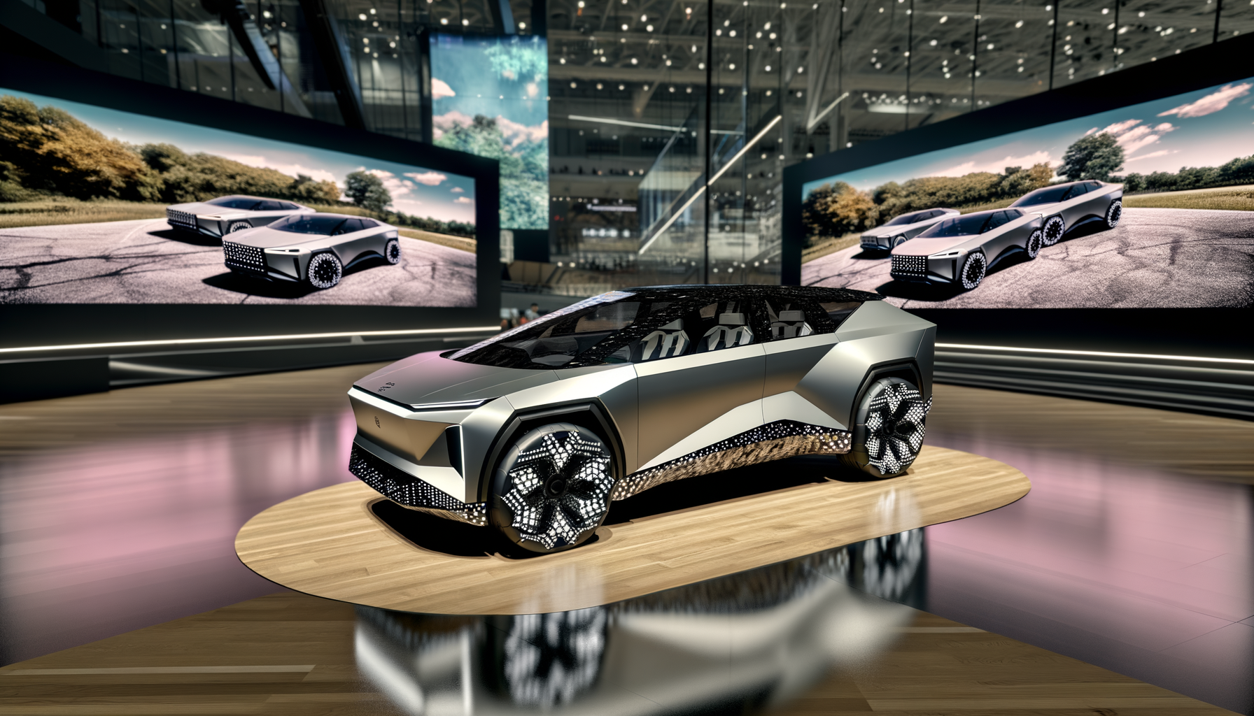 Futuristisk Tesla-konceptbil på en messe med store skærme og moderne design