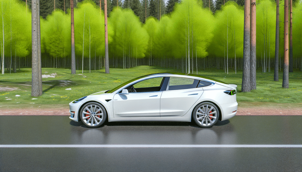 Hvid Tesla Model 3 kører ved en frodig skov