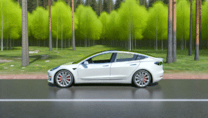 Hvid Tesla Model 3 kører ved en frodig skov