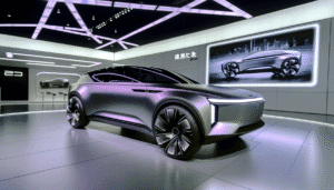 Futuristisk elektrisk konceptbil i et moderne showroom med neonlys og teknologiske elementer