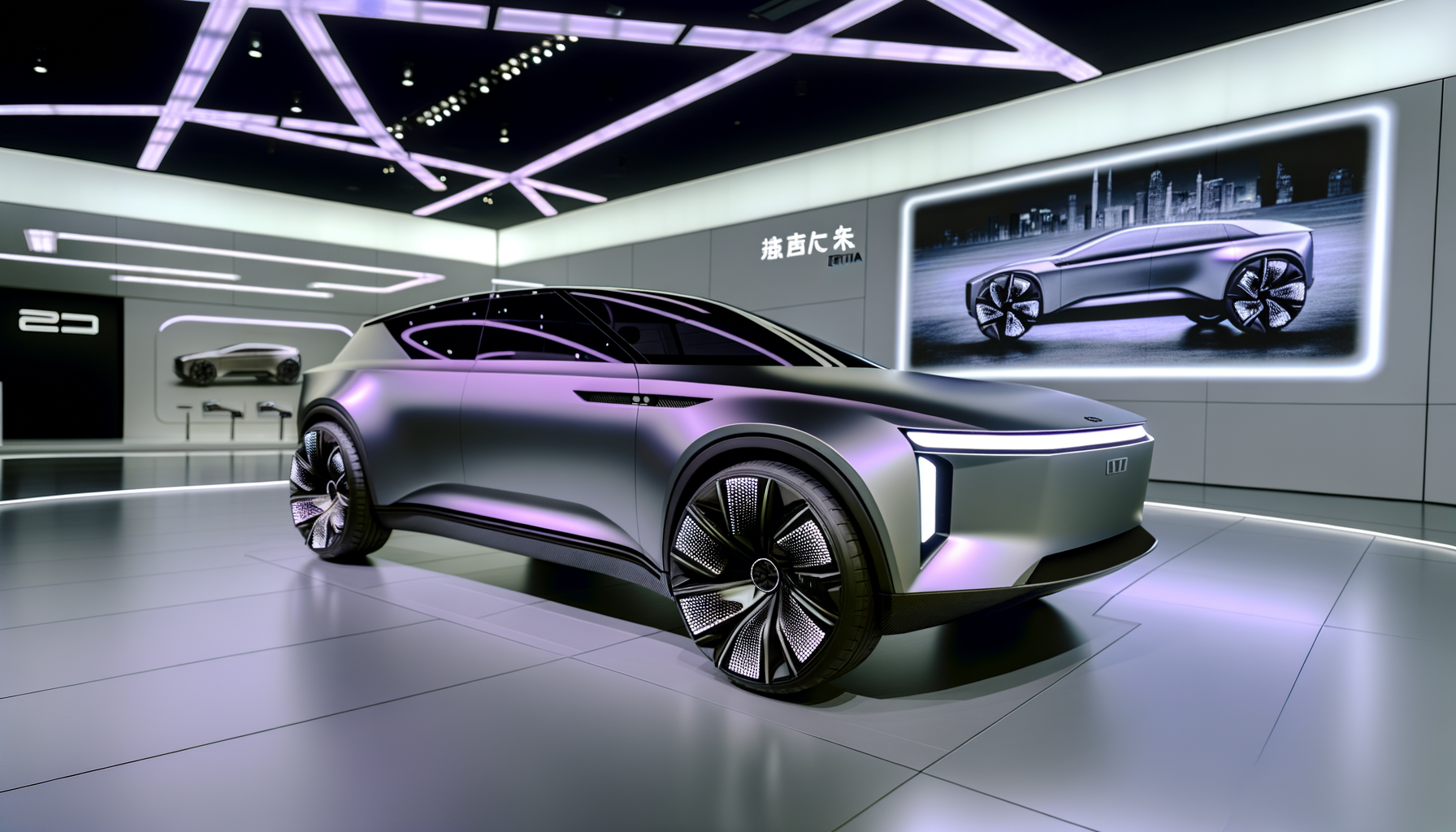 Futuristisk elektrisk konceptbil i et moderne showroom med neonlys og teknologiske elementer
