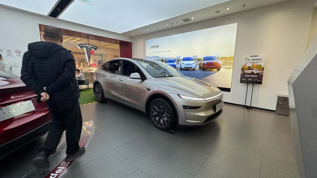 Mand kigger på en Tesla elbil i et showroom