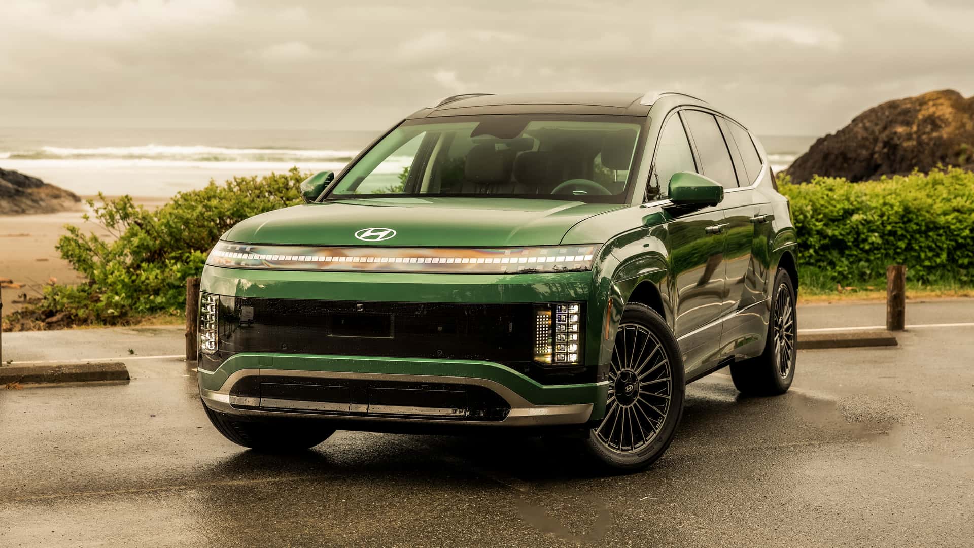 Grøn Hyundai SUV parkeret ved stranden på en overskyet dag