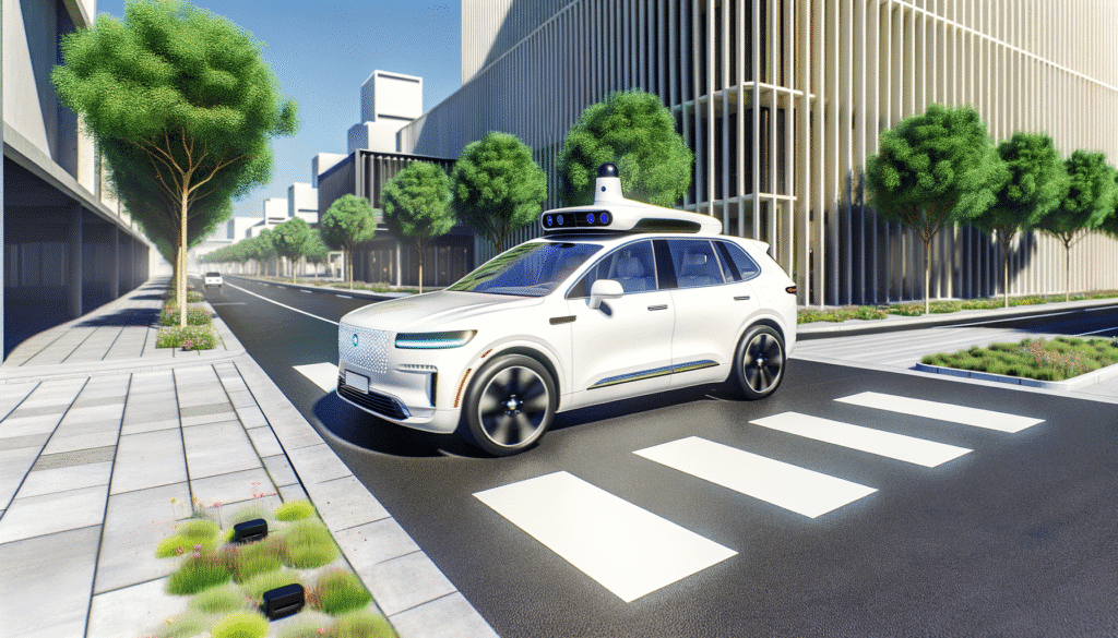 Selvkørende elbil på moderne byvej med grønne træer og futuristisk arkitektur