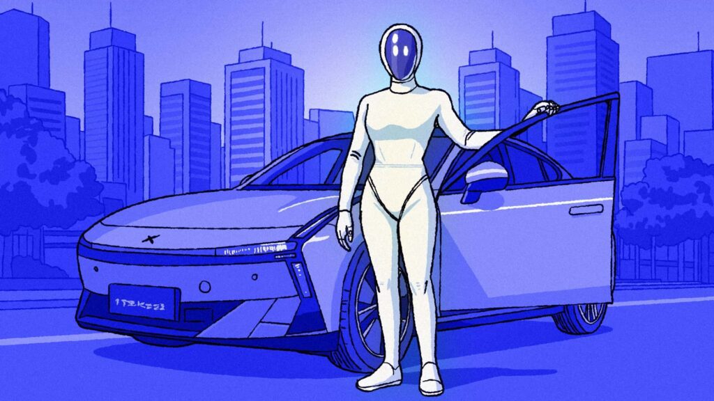 Illustration af futuristisk person ved siden af en elbil i bymiljø