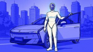 Illustration af futuristisk person ved siden af en elbil i bymiljø