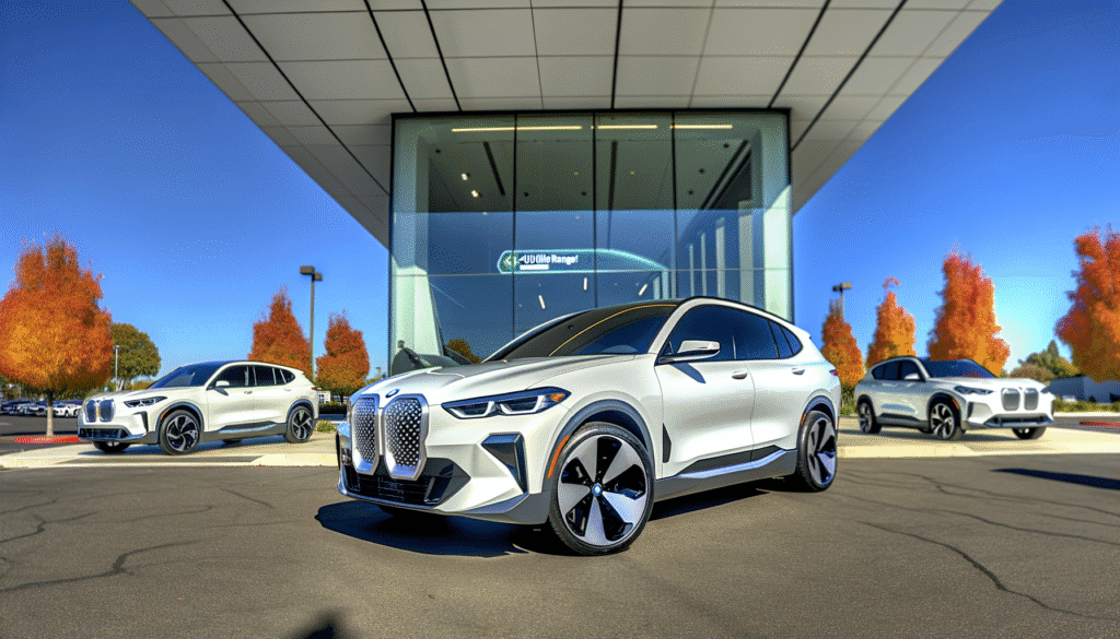 Moderne elektriske SUV'er foran et showroom på en solskinsdag med efterårstræer i baggrunden