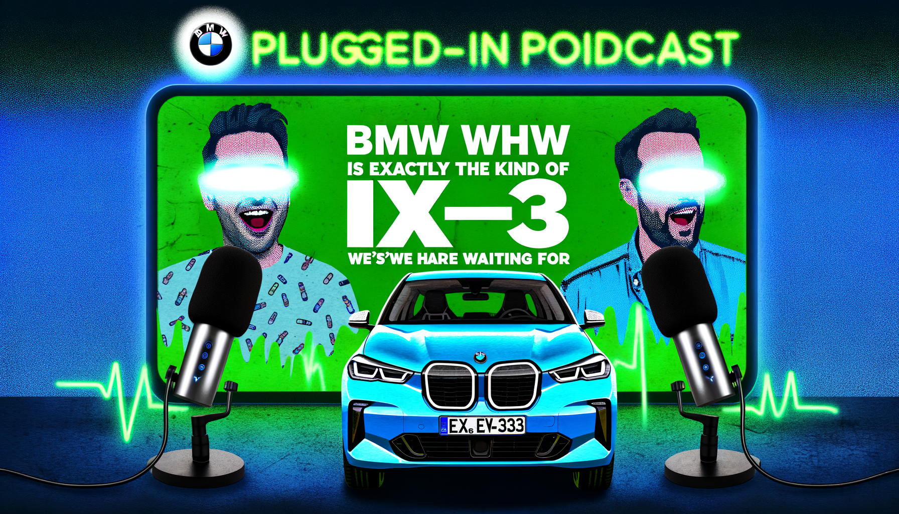 BMW iX3 elektrisk bil foran mikrofoner og neon podcast skilt