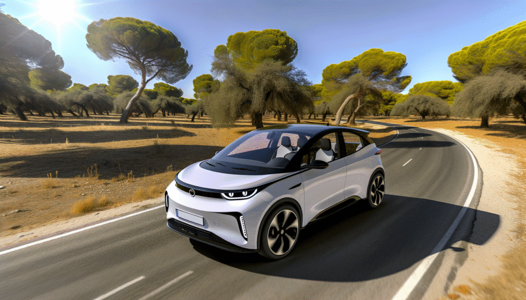 Elektrisk bil kører på en solrig landevej omgivet af træer