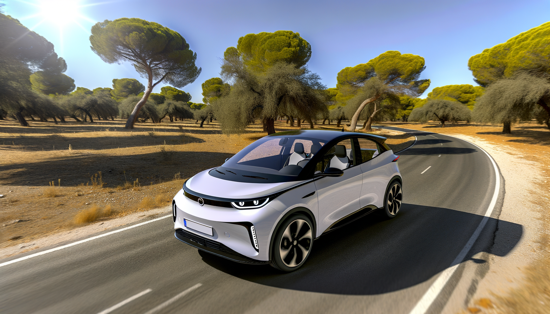 Elektrisk bil kører på en solrig landevej omgivet af træer