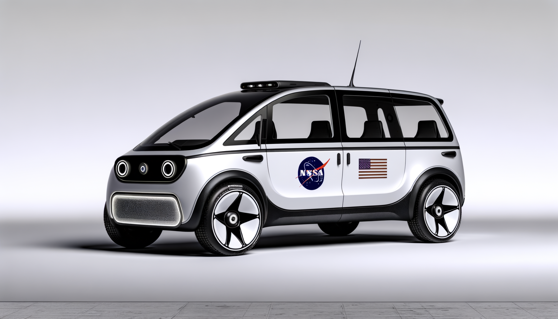 Futuristisk hvid elbil med NASA-logo og amerikansk flag på siden, set fra siden i et studie.