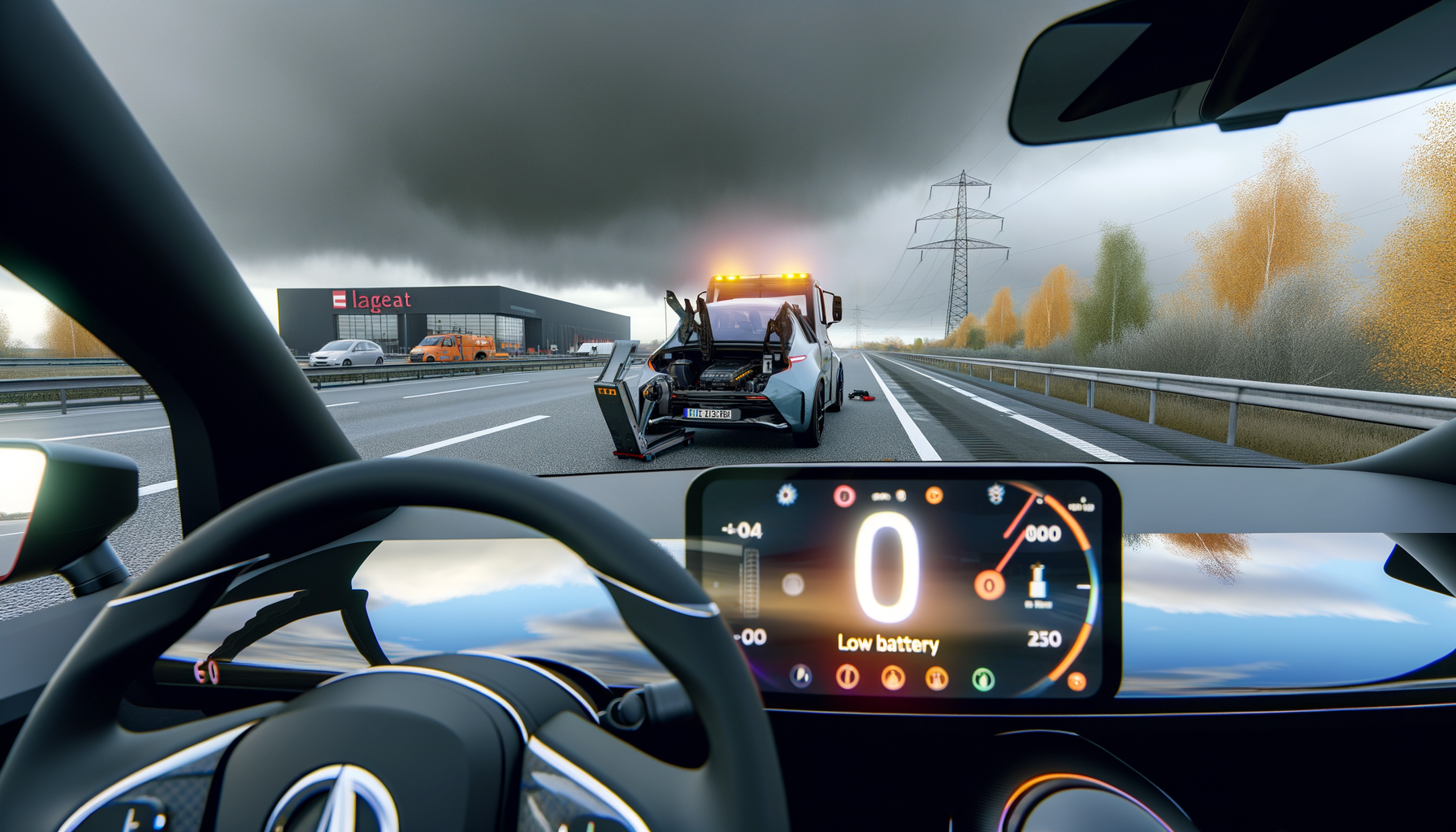 Elektrisk bil med lavt batteri bliver bugseret på motorvejen