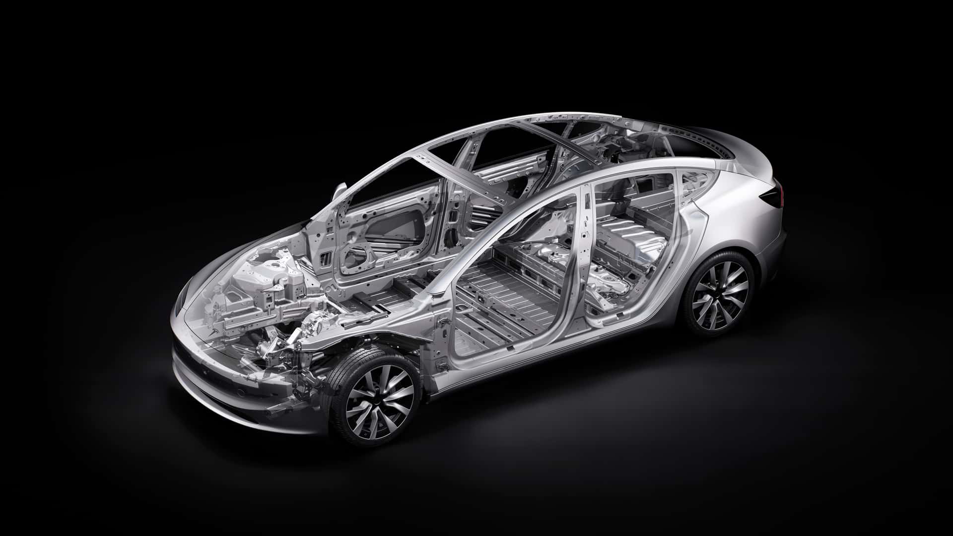 Tesla bilramme vist i gennemskæring, fremhæver strukturen og designet af elbilen