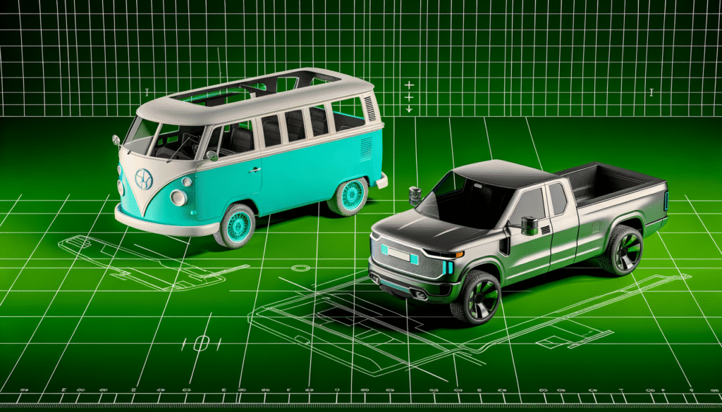 Illustration af elektriske køretøjer på et digitalt netdiagram: retro-stil minibus og moderne pickup truck.