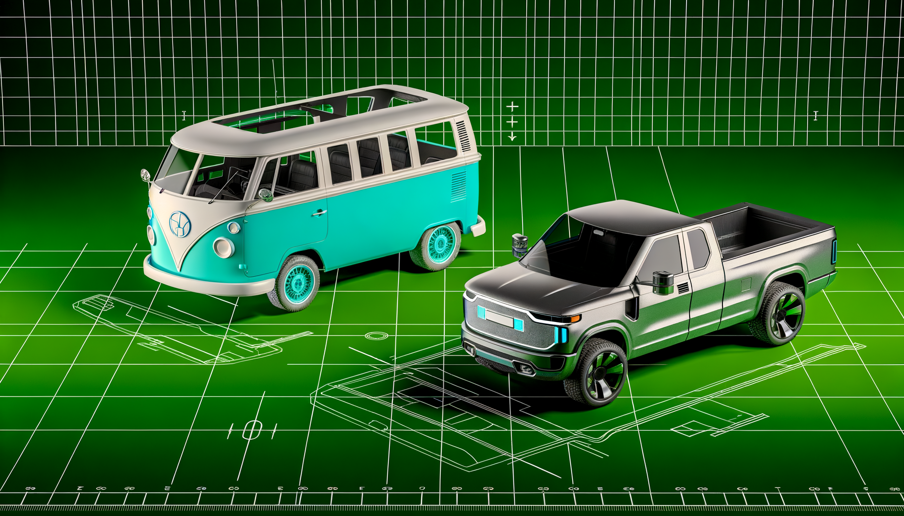 Illustration af elektriske køretøjer på et digitalt netdiagram: retro-stil minibus og moderne pickup truck.