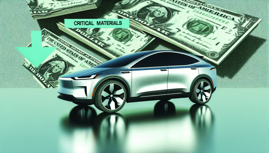 Elektrisk bil i fremhævet collage med dollarregninger og teksten 'kritiske materialer'